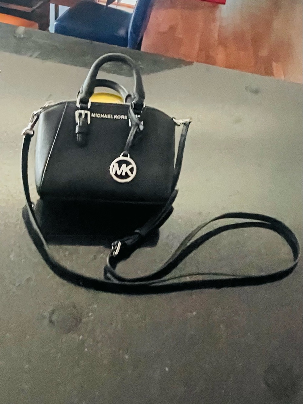 Michael Kors Black Mini Satchel with Silver MK Charm and Top Handles